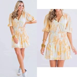 Karlie Women Medium Floral 70's Smocked Waist Mini Dress Orange Yellow Ivory NEW